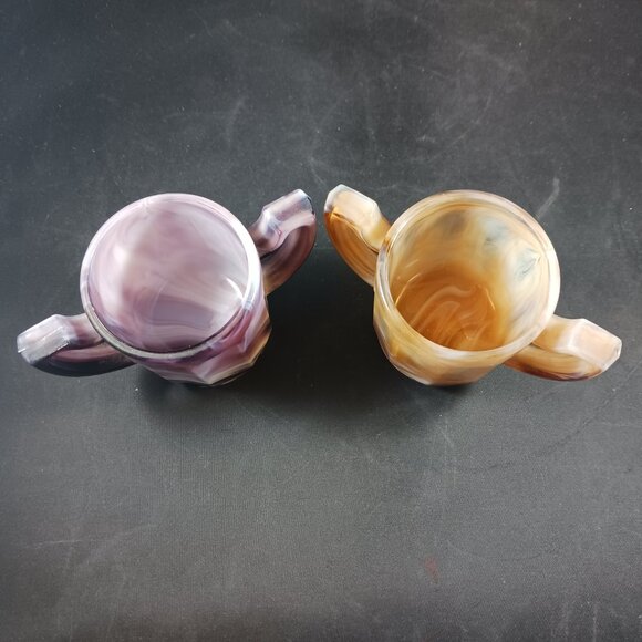 Vintage 2pcs Slag Glass Imperial Brown and Purple Small Toothpick Holders - Picture 4 of 12